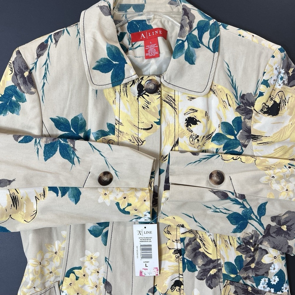 A Line Vintage Floral Print Trench Coat Womens L Beige NWT Boho Preppy Lagenlook